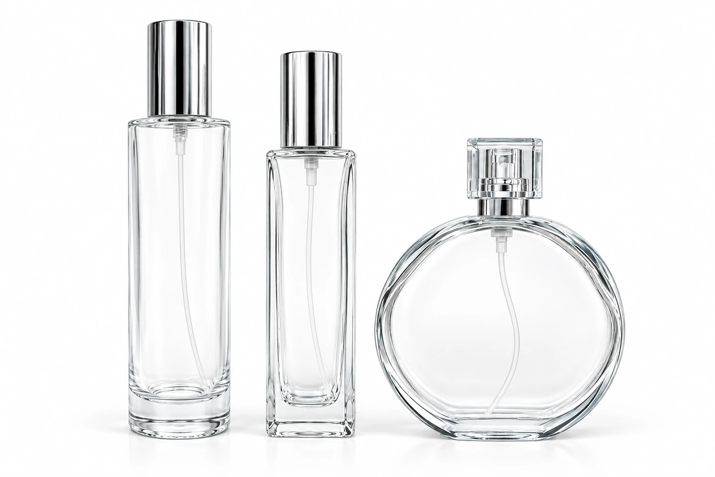 Três formatos de frascos de vidro transparente, sem decoração, para perfumaria